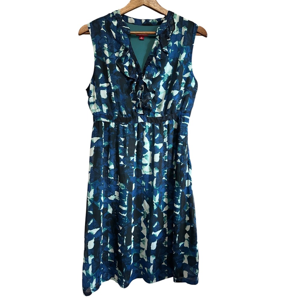 Merona Women's Size M Blue Green White Abstract Sleeveless Ruffle Dress